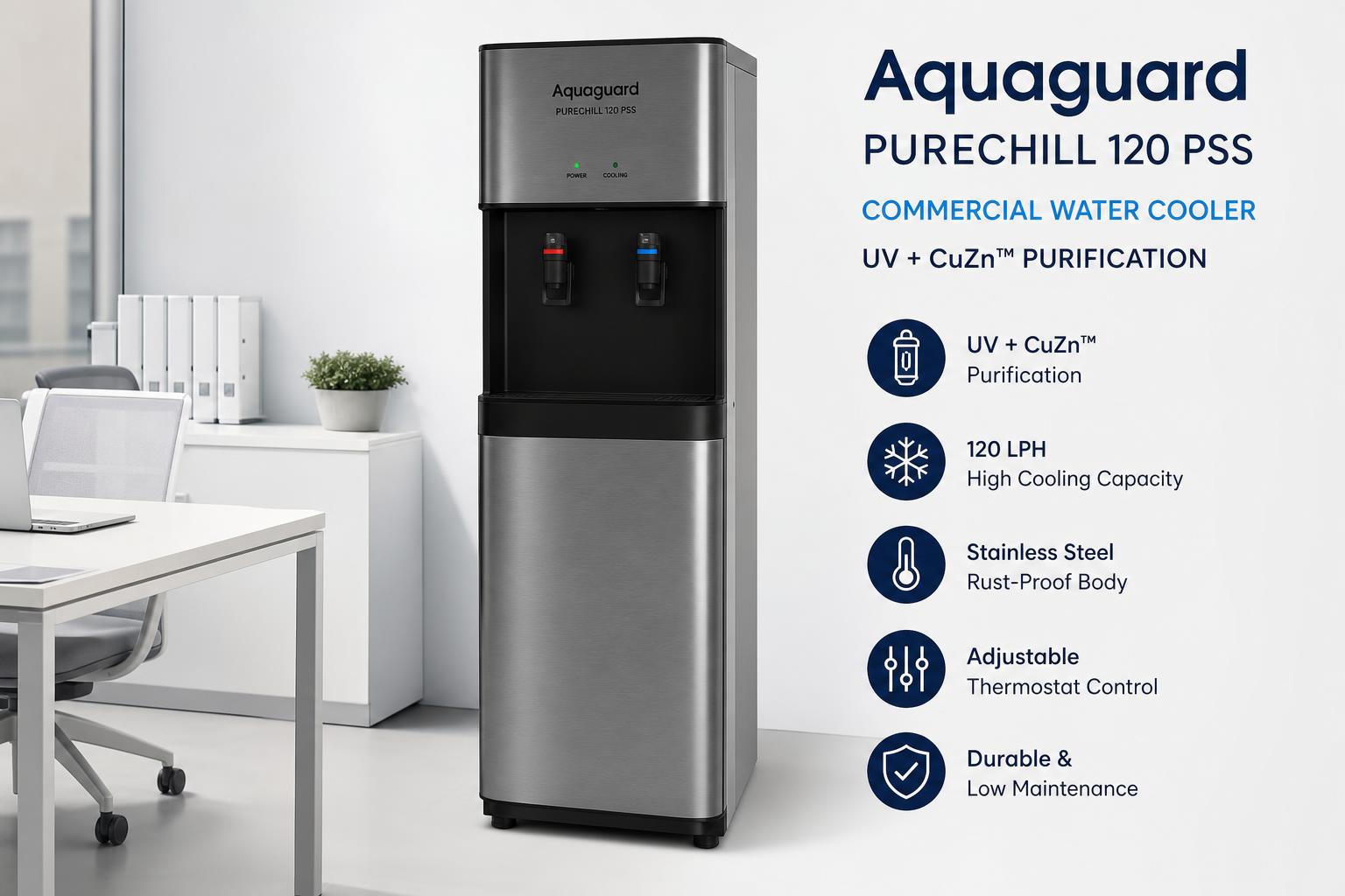 Aquaguard Purechill 120 PSS UV+CuZn commercial water cooler with inbuilt purifier and storage